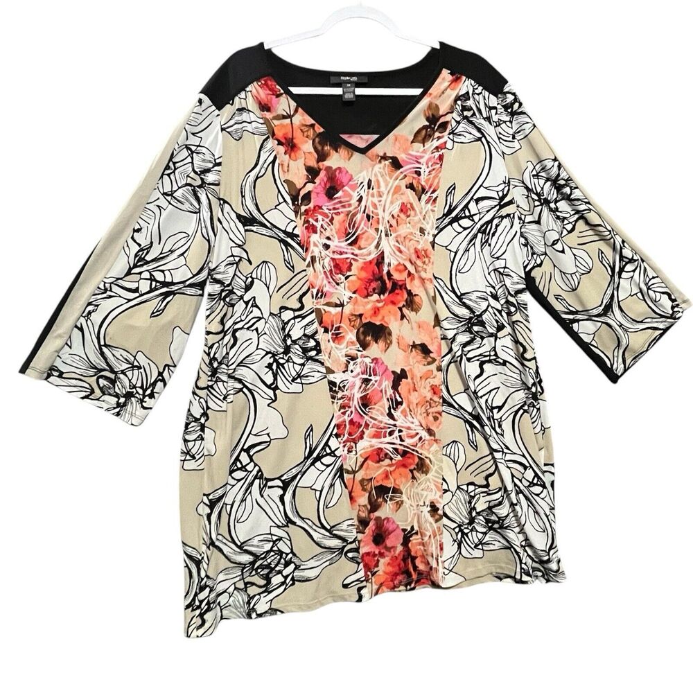 Style&Co Coral Orange Floral Blouse 3X Colorblock 3/4 Sleeve Tunic Top READ